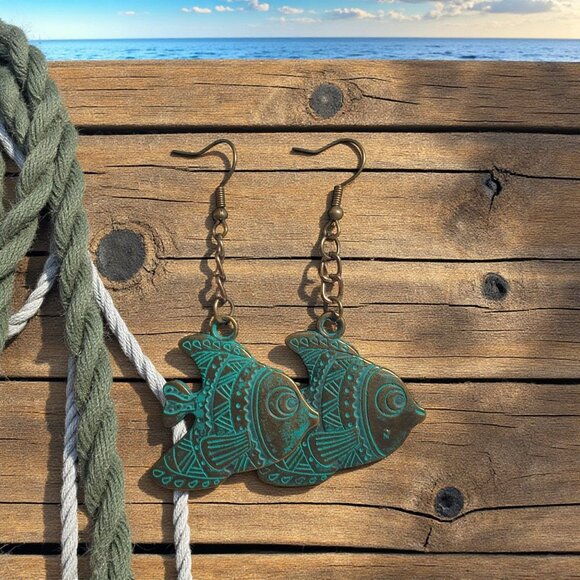 Fish Dangling Earrings Brass Hook Handmade Patina Accent Bohemian Style Beach - Picture 1 of 4